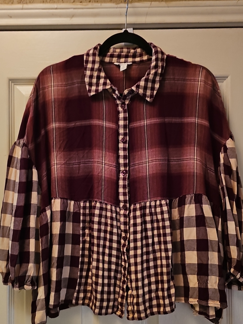 Cato Burgundy and Cream Plaid Mixed-Pattern Button-Front Shirt